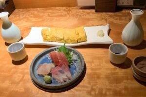 のんべで食べただし巻き卵と本日のお刺身3種盛り